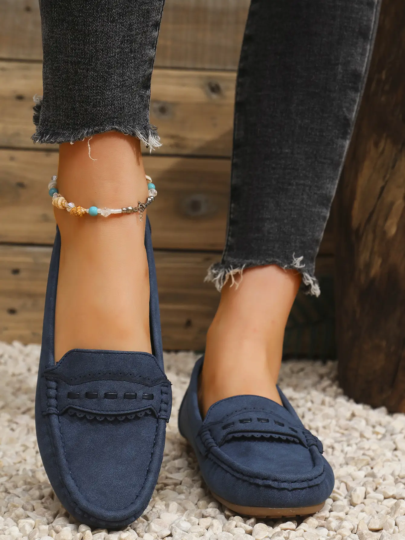 Women's Flat Loafers Grey Blue Tan Cross-Border Stitched — feature 10