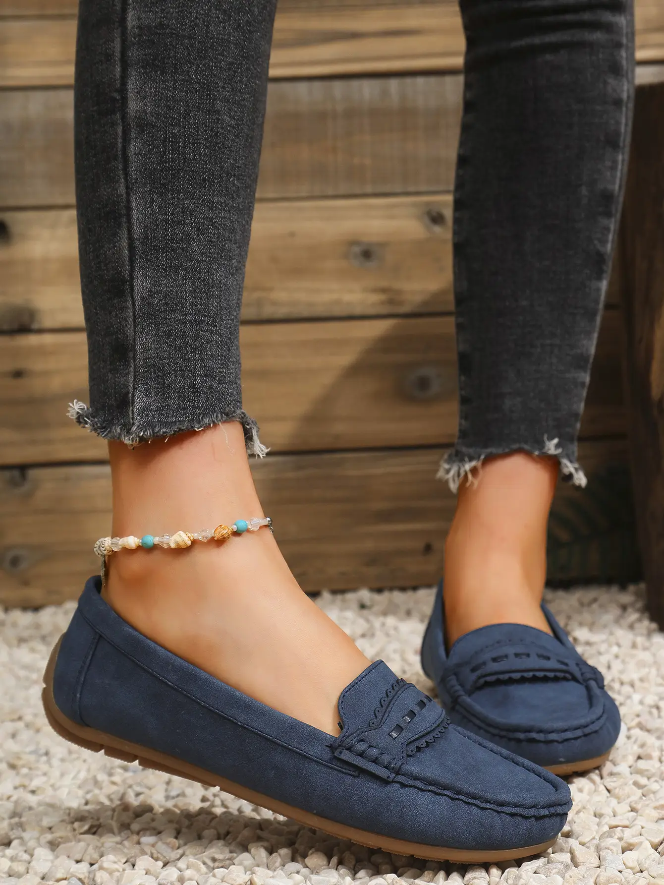 Women's Flat Loafers Grey Blue Tan Cross-Border Stitched — feature 11