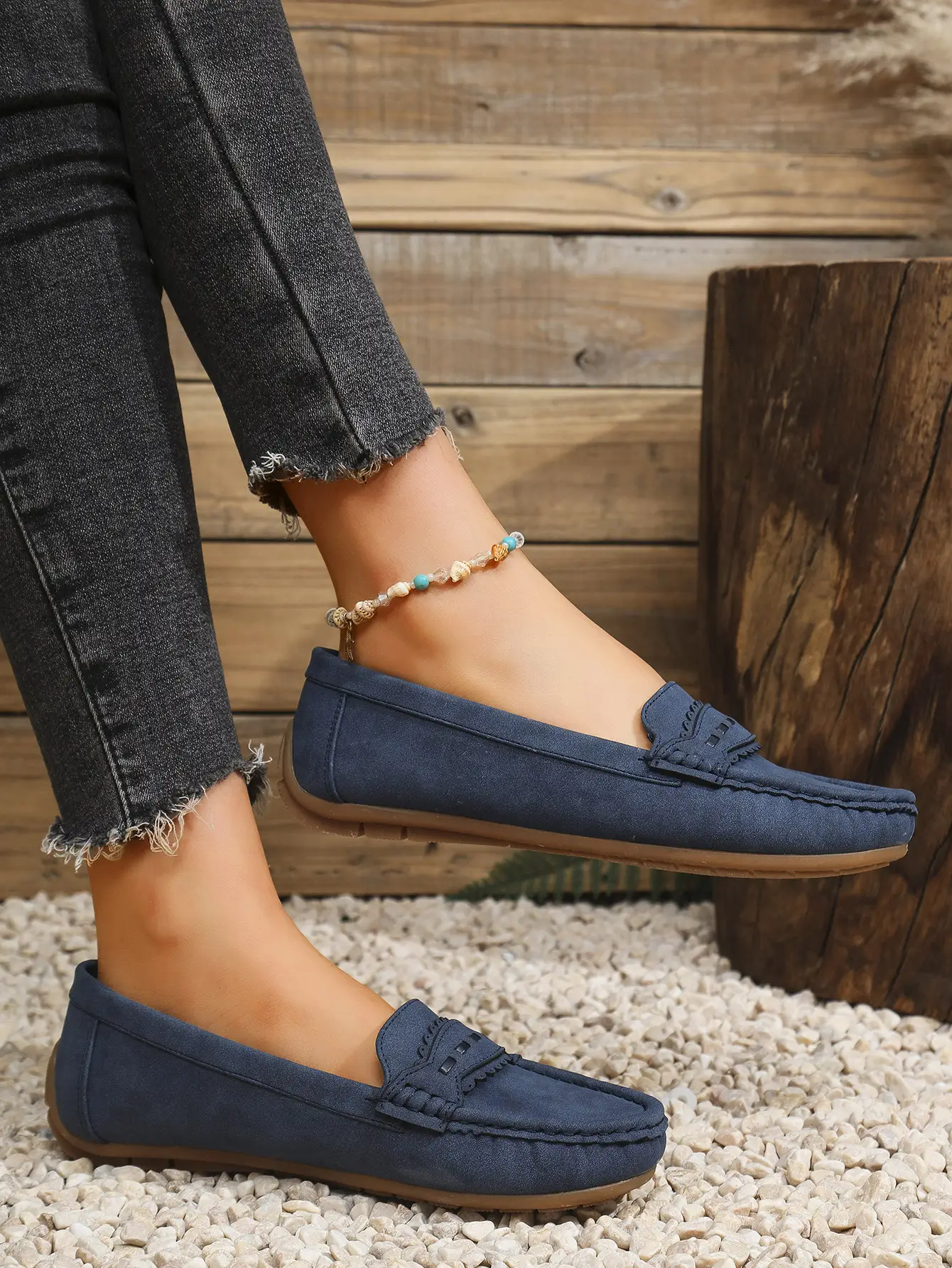 Women's Flat Loafers Grey Blue Tan Cross-Border Stitched — feature 12