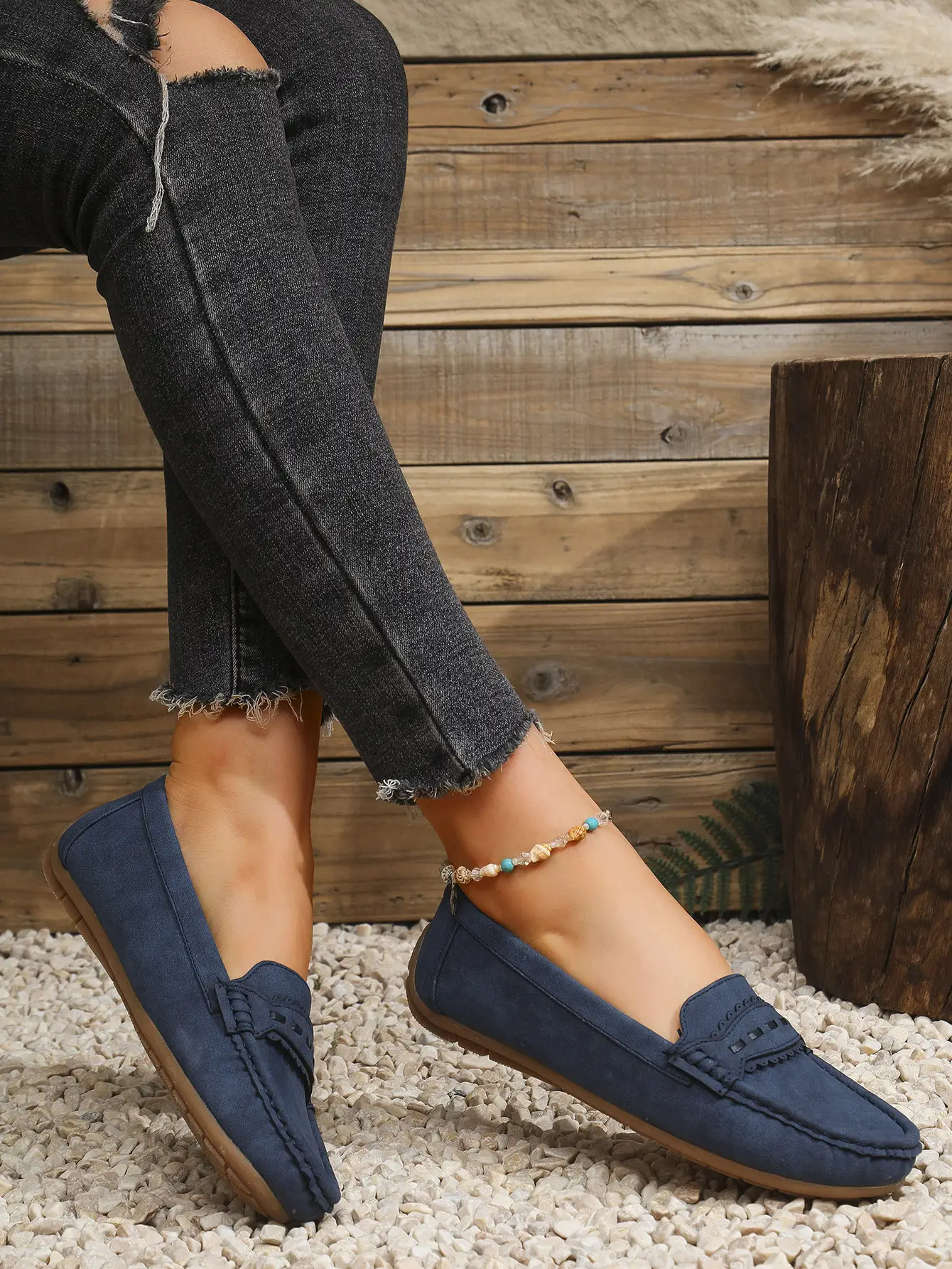 Women's Flat Loafers Grey Blue Tan Cross-Border Stitched — feature 13