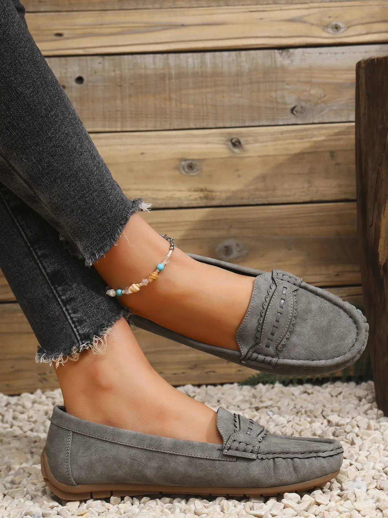 Women's Flat Loafers Grey Blue Tan Cross-Border Stitched — feature 14