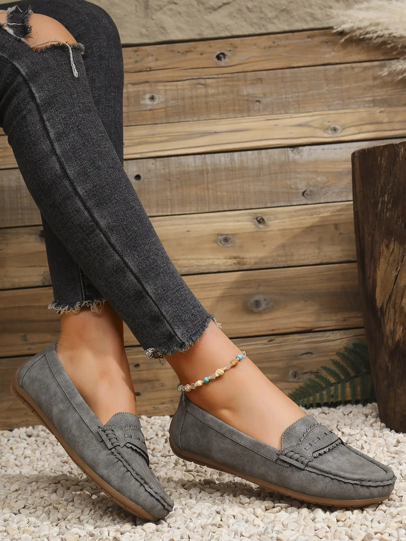 Women's Flat Loafers Grey Blue Tan Cross-Border Stitched — feature 15