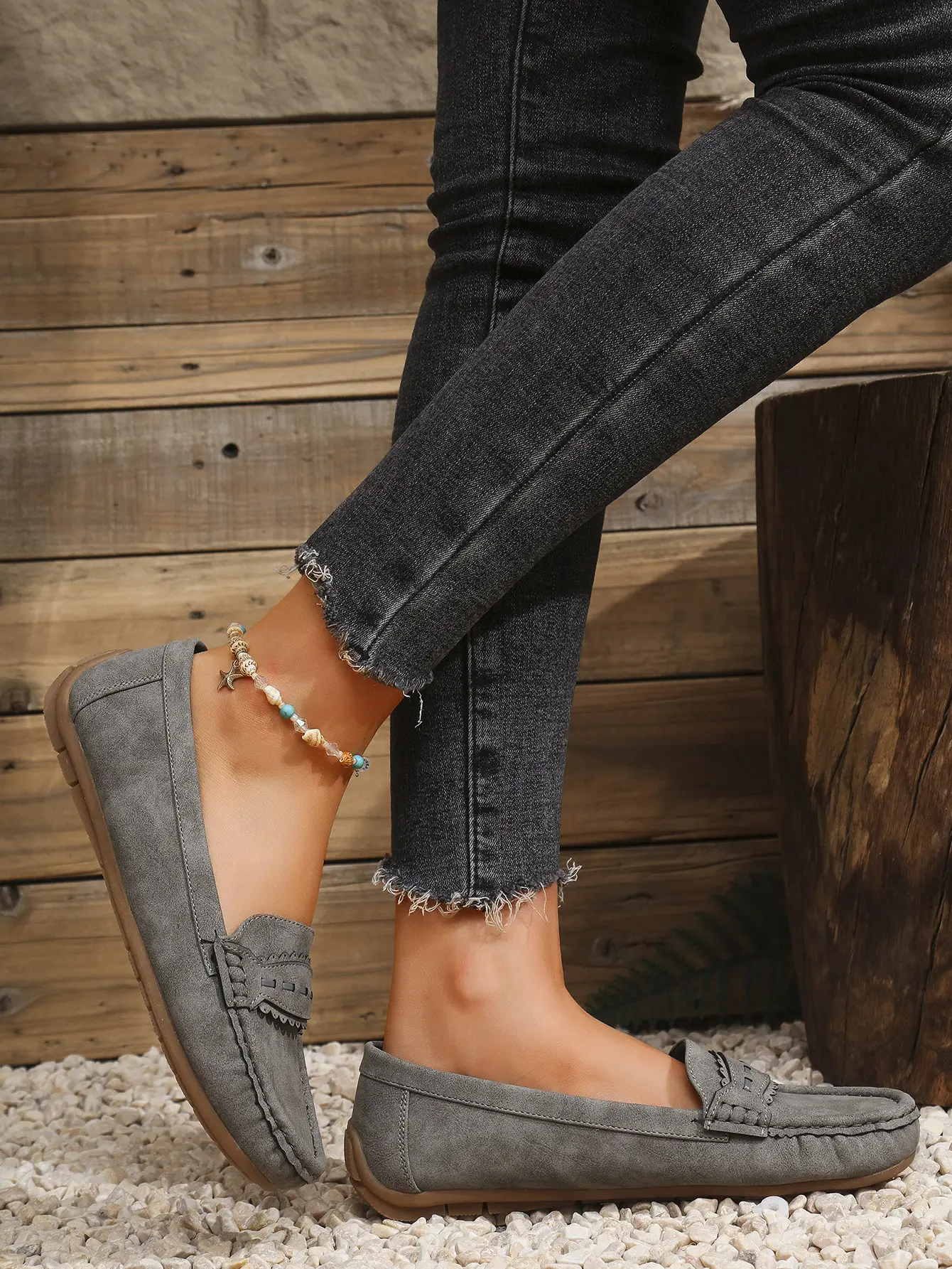 Women's Flat Loafers Grey Blue Tan Cross-Border Stitched — feature 16