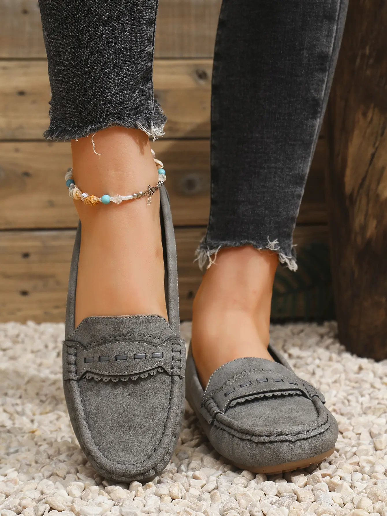 Women's Flat Loafers Grey Blue Tan Cross-Border Stitched — feature 17