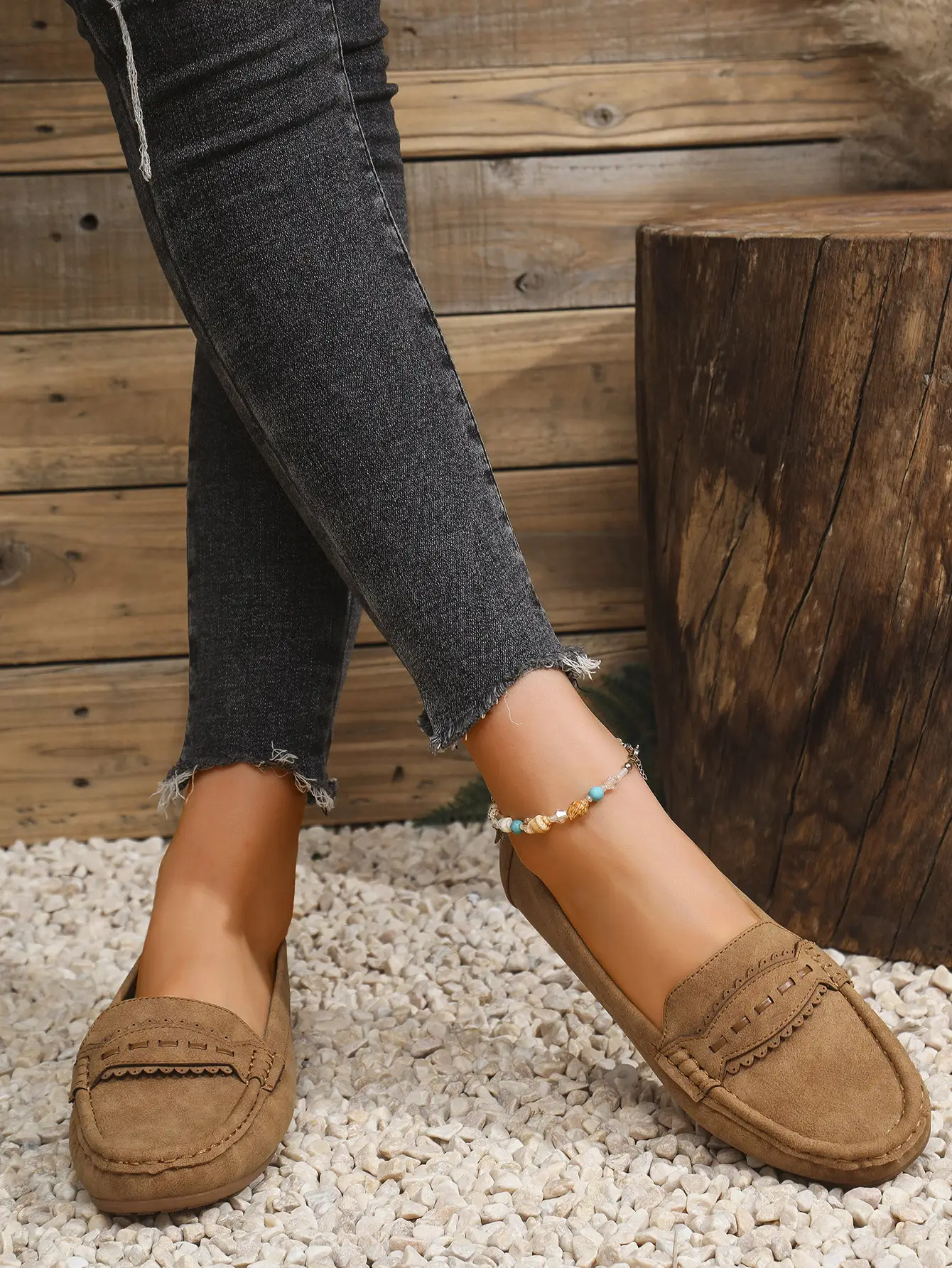 Women's Flat Loafers Grey Blue Tan Cross-Border Stitched — feature 2