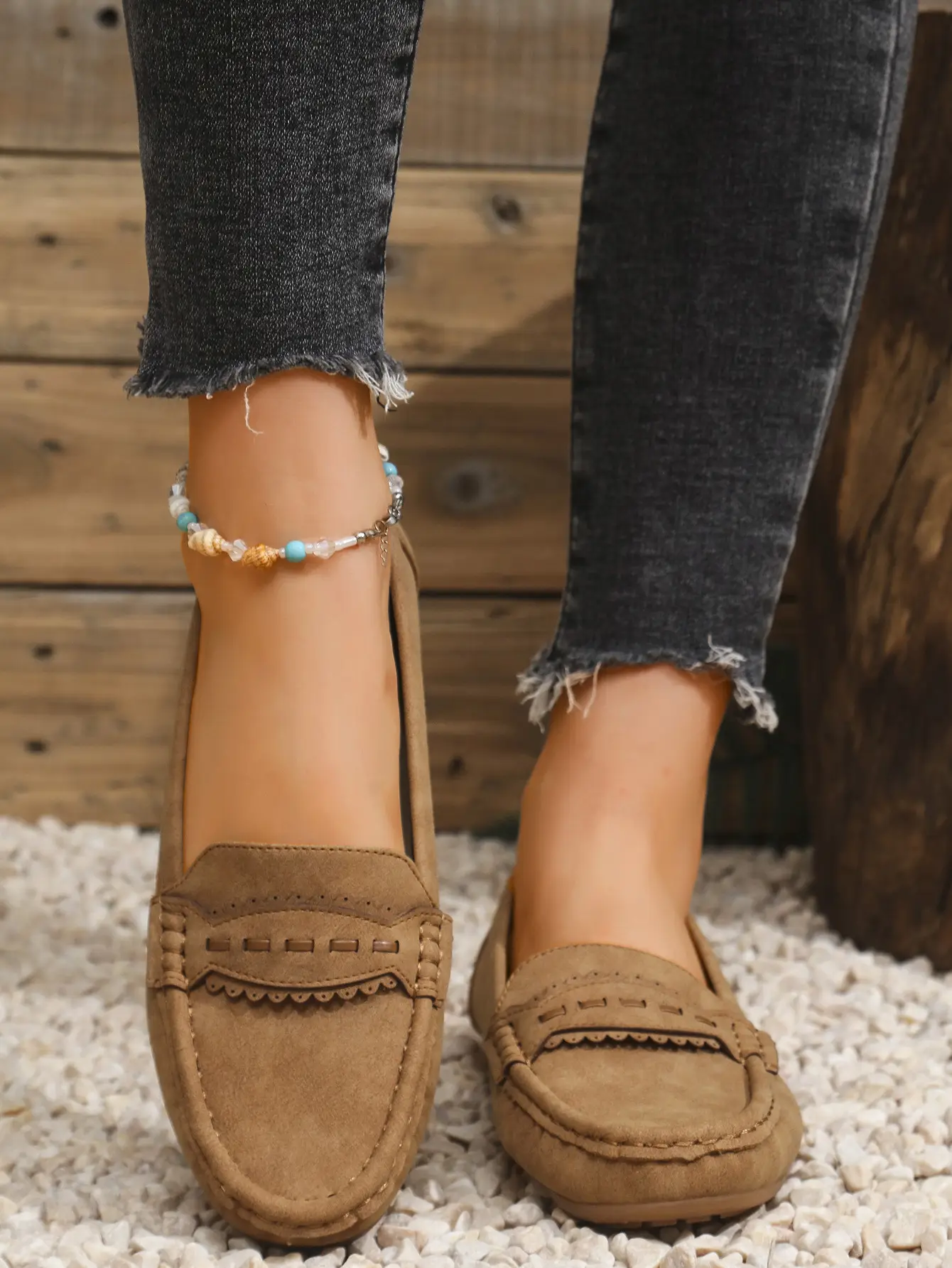 Women's Flat Loafers Grey Blue Tan Cross-Border Stitched — feature 3
