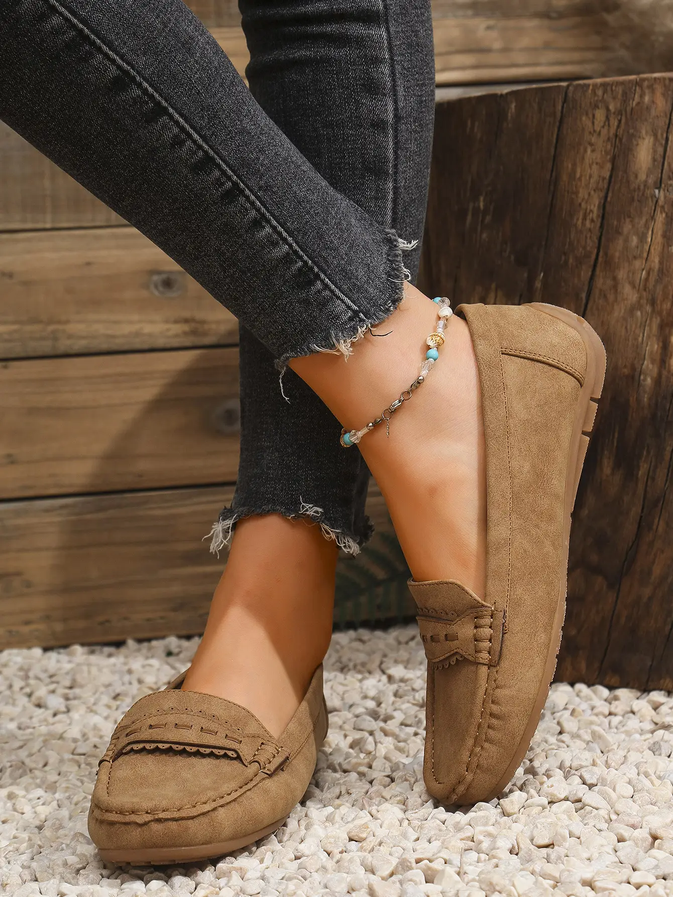 Women's Flat Loafers Grey Blue Tan Cross-Border Stitched — feature 4