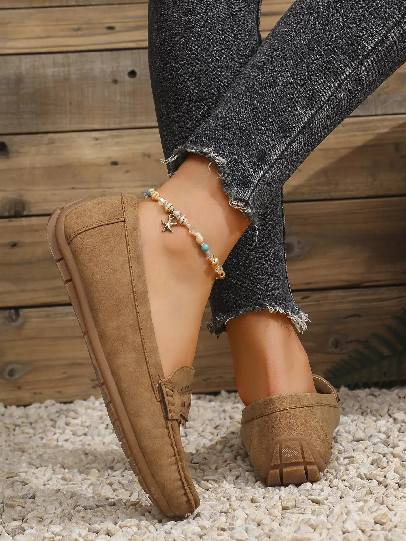 Women's Flat Loafers Grey Blue Tan Cross-Border Stitched — feature 5