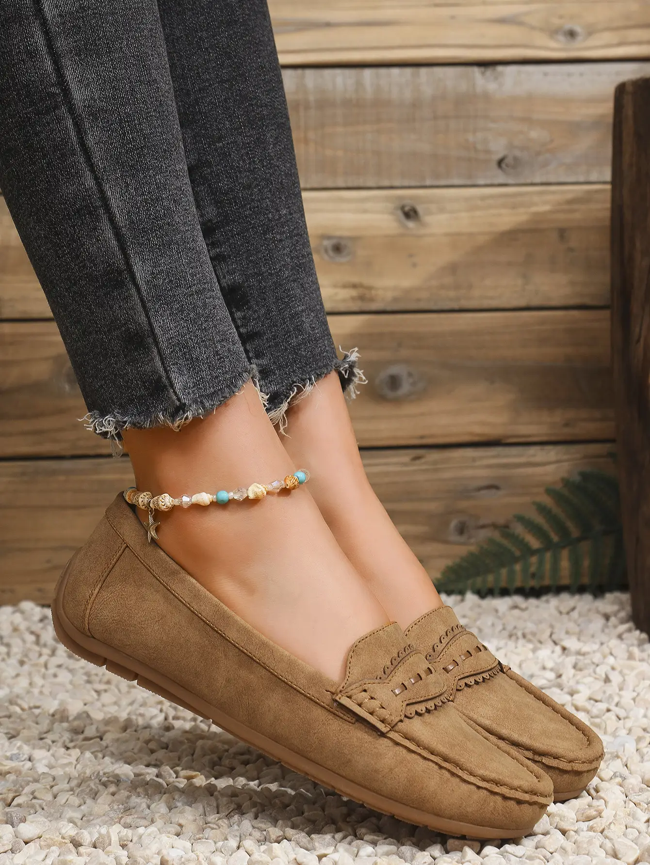 Women's Flat Loafers Grey Blue Tan Cross-Border Stitched — feature 6