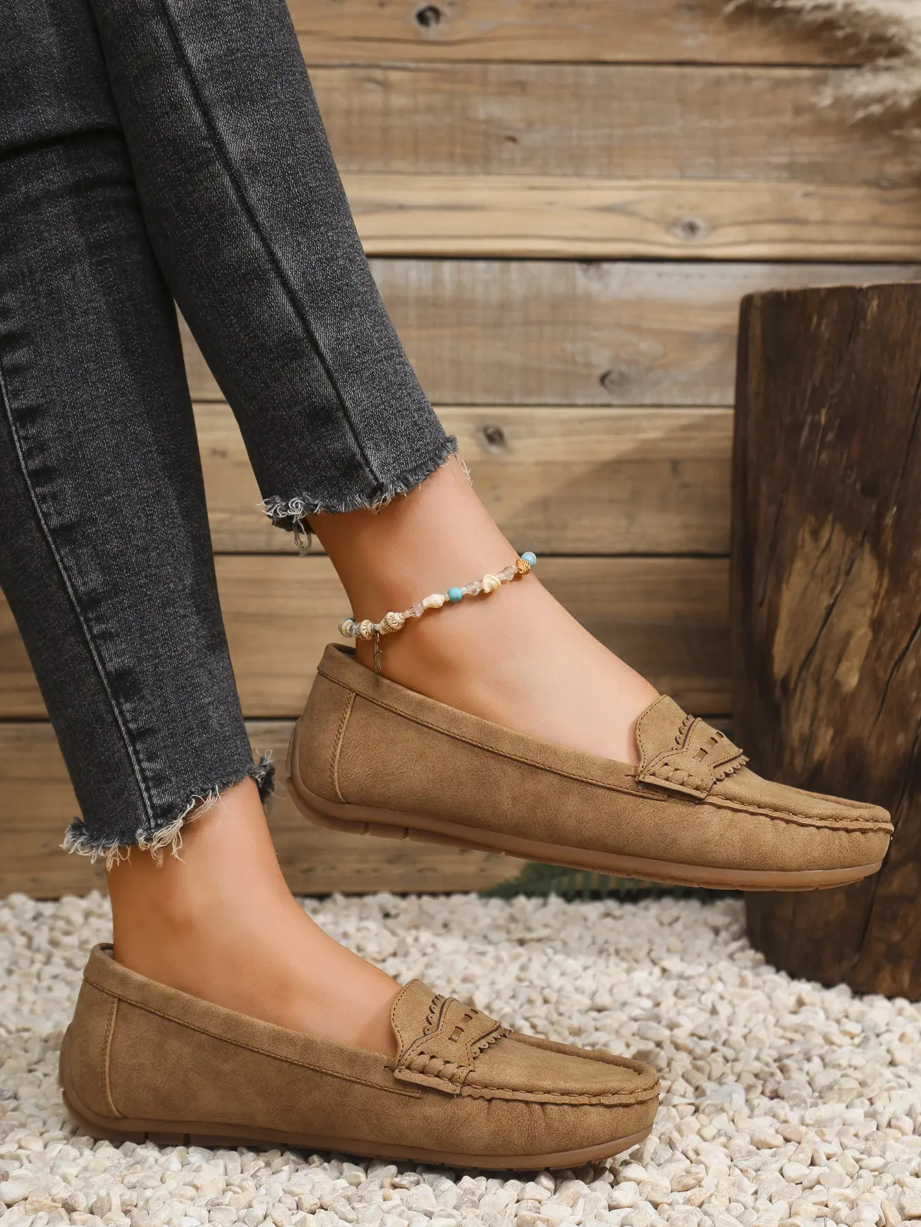 Women's Flat Loafers Grey Blue Tan Cross-Border Stitched — feature 7