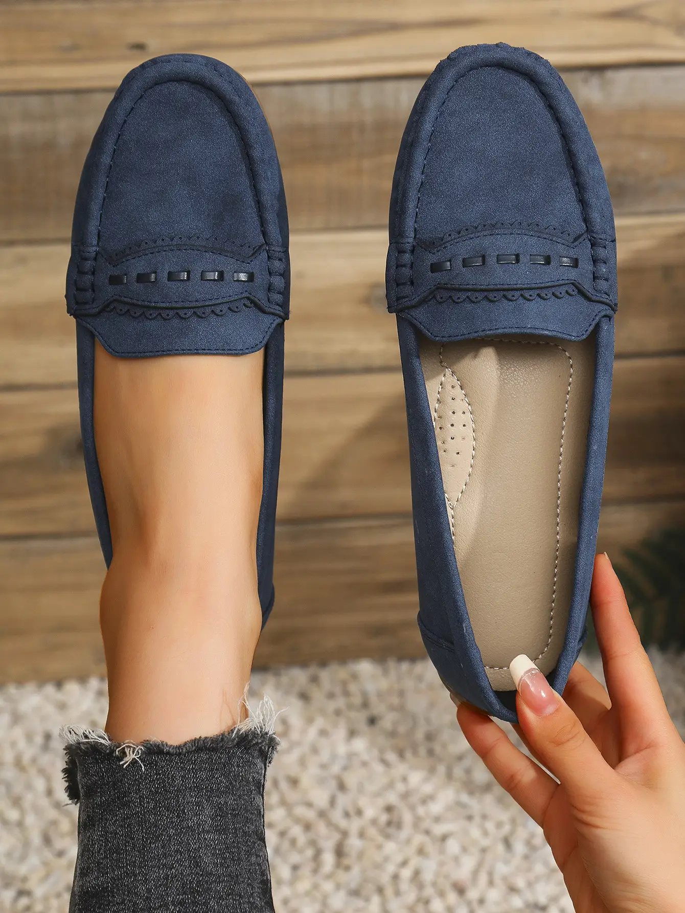 Women's Flat Loafers Grey Blue Tan Cross-Border Stitched — feature 8
