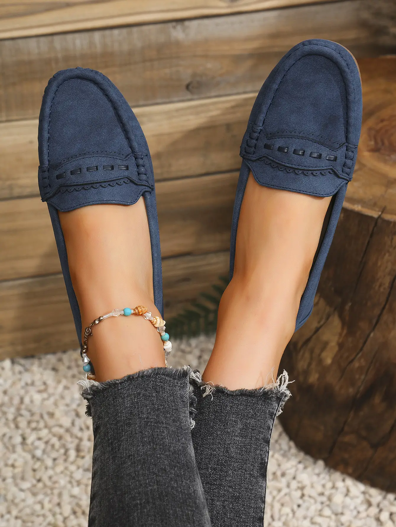 Women's Flat Loafers Grey Blue Tan Cross-Border Stitched — feature 9