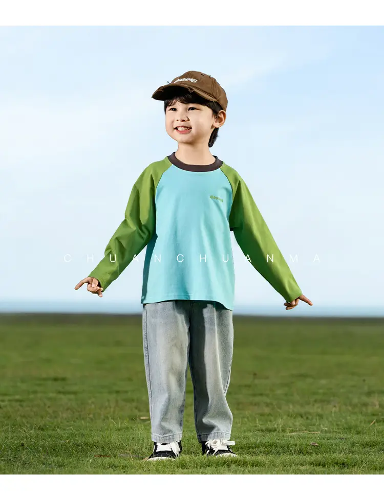 Kids Raglan Sleeve T-Shirt Blue Green Boy All-match — feature 30