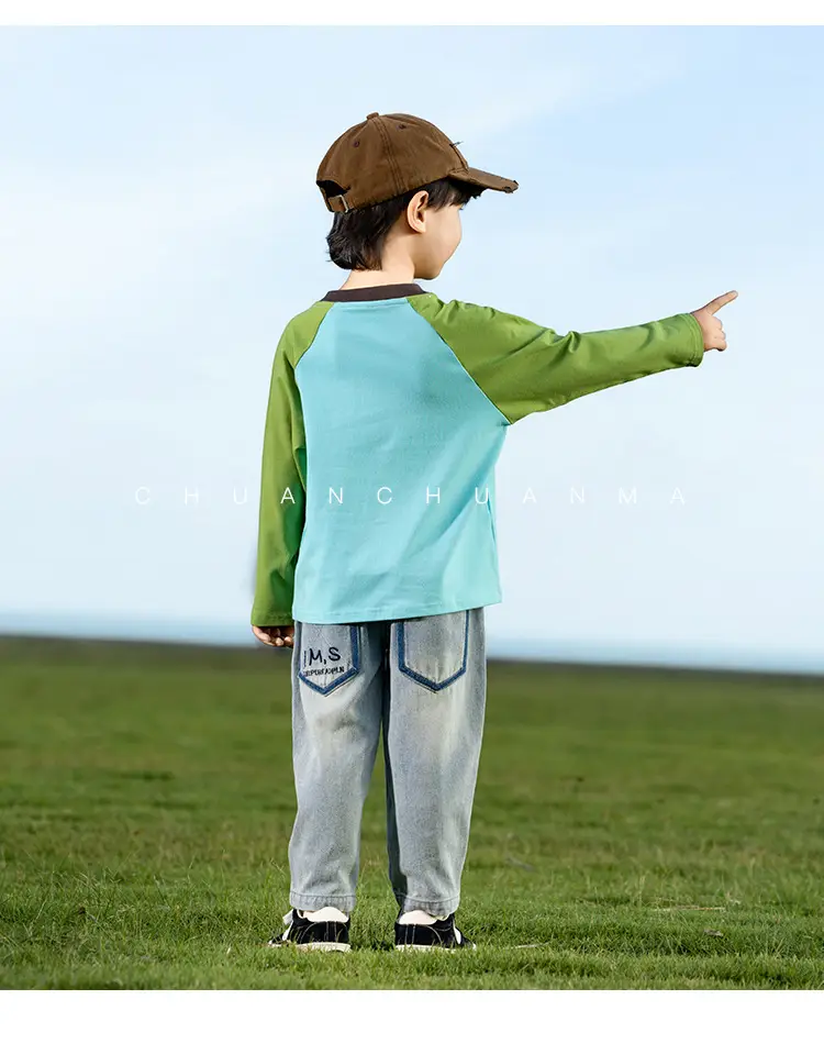 Kids Raglan Sleeve T-Shirt Blue Green Boy All-match — feature 31