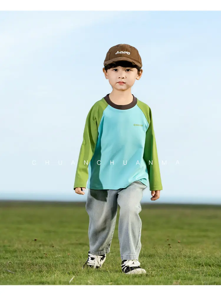 Kids Raglan Sleeve T-Shirt Blue Green Boy All-match — feature 34