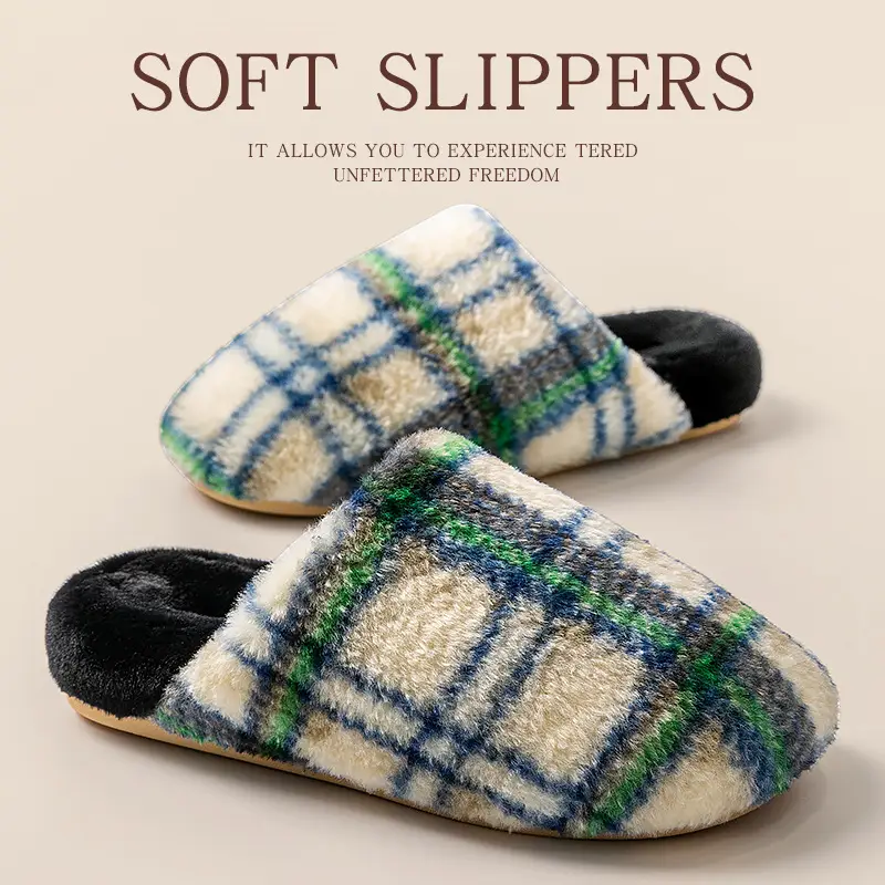 Retro Plaid Cotton Slippers for Women, Autumn and Winter 2025 New Style, Indoor Home Use, Thick Sole, Maternity, Plush, Warm for Women
