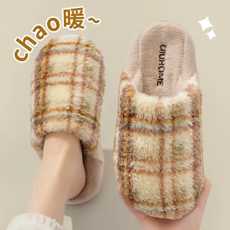 Retro Plaid Cotton Slippers for Women, Autumn and Winter 2025 New Style, Indoor Home Use, Thick Sole, Maternity, Plush, Warm for Women