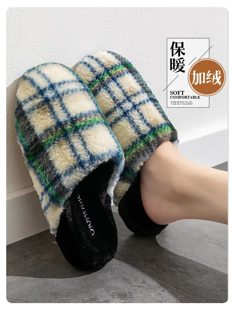 Retro Plaid Cotton Slippers for Women, Autumn and Winter 2025 New Style, Indoor Home Use, Thick Sole, Maternity, Plush, Warm for Women — feature 1
