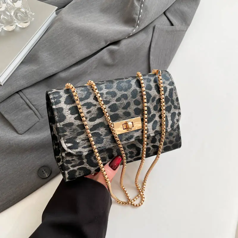 Black Leopard Print Chain Shoulder Bag for Women