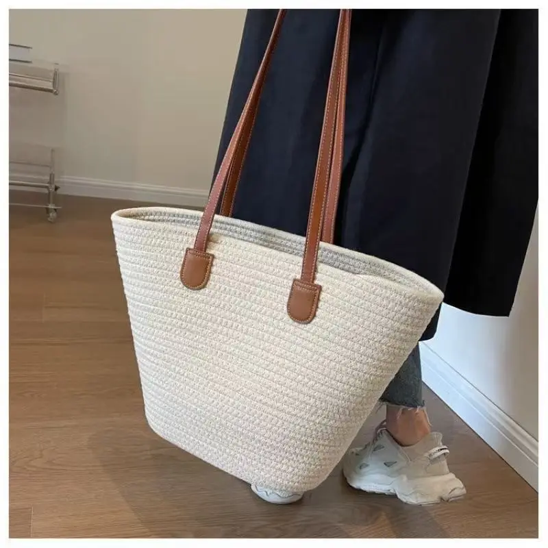 Women's Cotton Rope Straw Tote Bag Large Capacity Beach Travel - Image 11