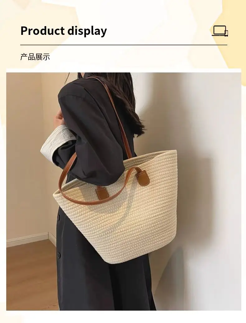Women's Cotton Rope Straw Tote Bag Large Capacity Beach Travel — feature 6