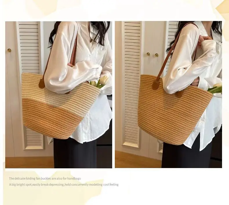 Women's Cotton Rope Straw Tote Bag Large Capacity Beach Travel — feature 7