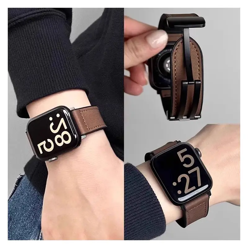 Crazy Horse Leather Magnetic iWatch Strap Black Brown - Image 23