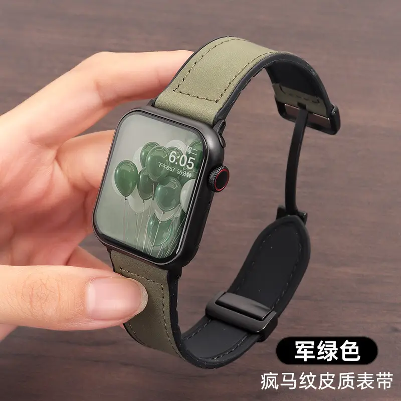 Crazy Horse Leather Magnetic iWatch Strap Black Brown - Image 2