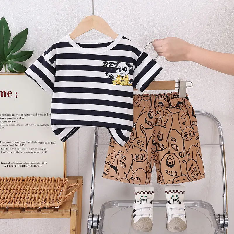 Foreign Trade Boys' Striped T-Shirt Shorts Set 2025 - Image 3