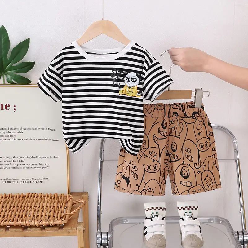Foreign Trade Boys' Striped T-Shirt Shorts Set 2025 - Image 2