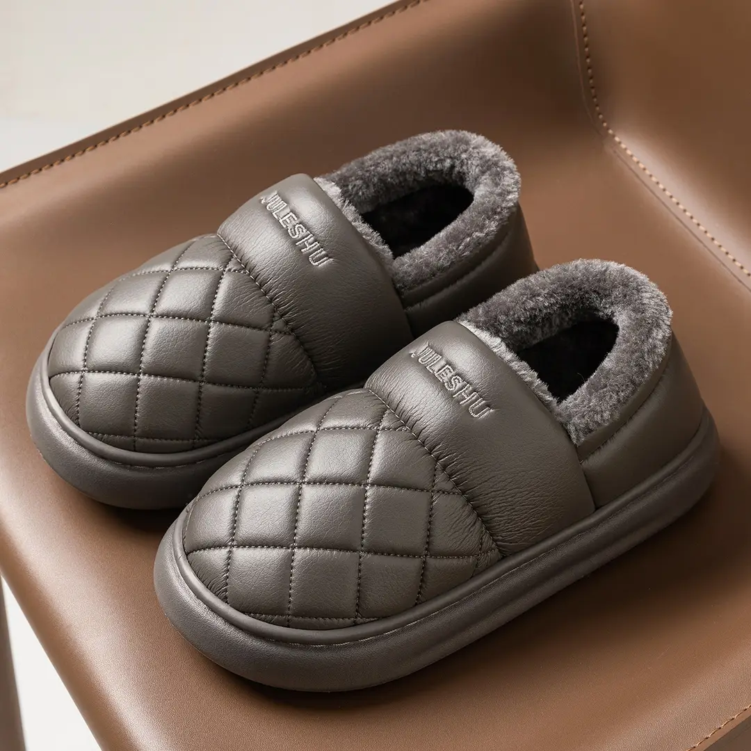 Waterproof cotton slippers men's autumn and winter outer wear bag heel warm middle-aged and elderly non-slip pu leather cotton shoes women's winter - Image 5