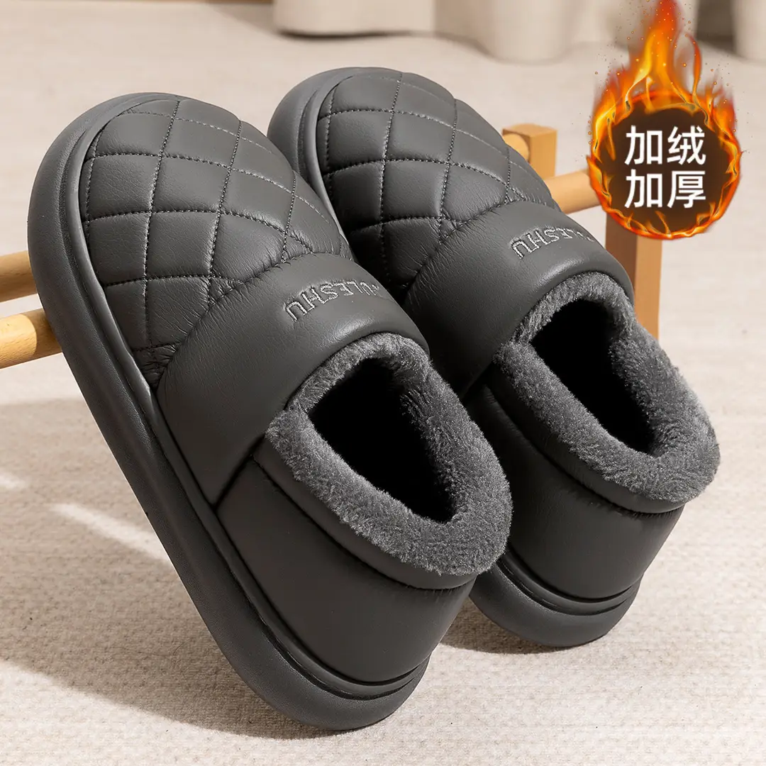 Waterproof cotton slippers men's autumn and winter outer wear bag heel warm middle-aged and elderly non-slip pu leather cotton shoes women's winter - Image 6