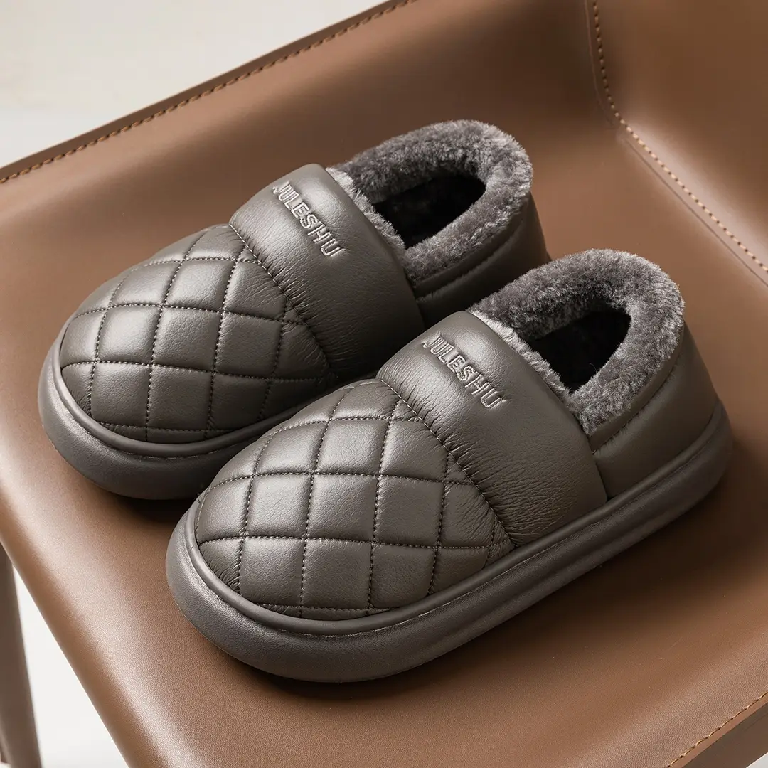 Waterproof cotton slippers men's autumn and winter outer wear bag heel warm middle-aged and elderly non-slip pu leather cotton shoes women's winter — feature 19