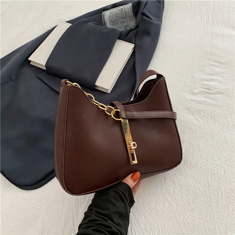 Brown Leather Crossbody Bag with Gold Chain for Women - Image 7