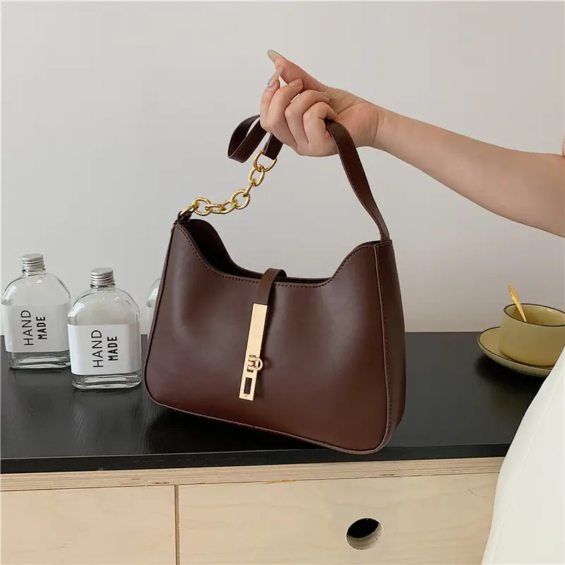 Brown Leather Crossbody Bag with Gold Chain for Women - Image 3