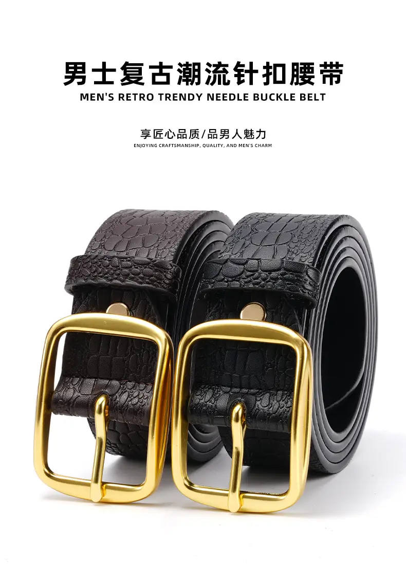 Men's Brown Croc Leather Belt with Gold Buckle — feature 1