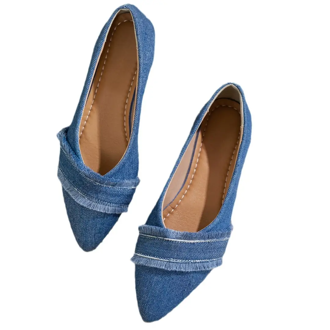 Women's Flat Shoes, Fashionable Large Size New Style, Spring and Autumn Shallow Mouth Denim Pointed Toe Women's Shoes, Low Heel Versatile Work Shoes, Comfortable - Image 5