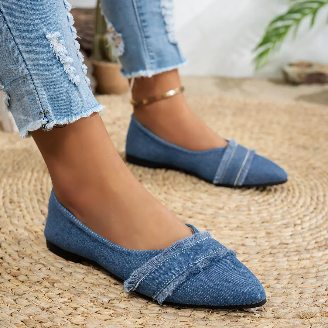 Women's Flat Shoes, Fashionable Large Size New Style, Spring and Autumn Shallow Mouth Denim Pointed Toe Women's Shoes, Low Heel Versatile Work Shoes, Comfortable — feature 1