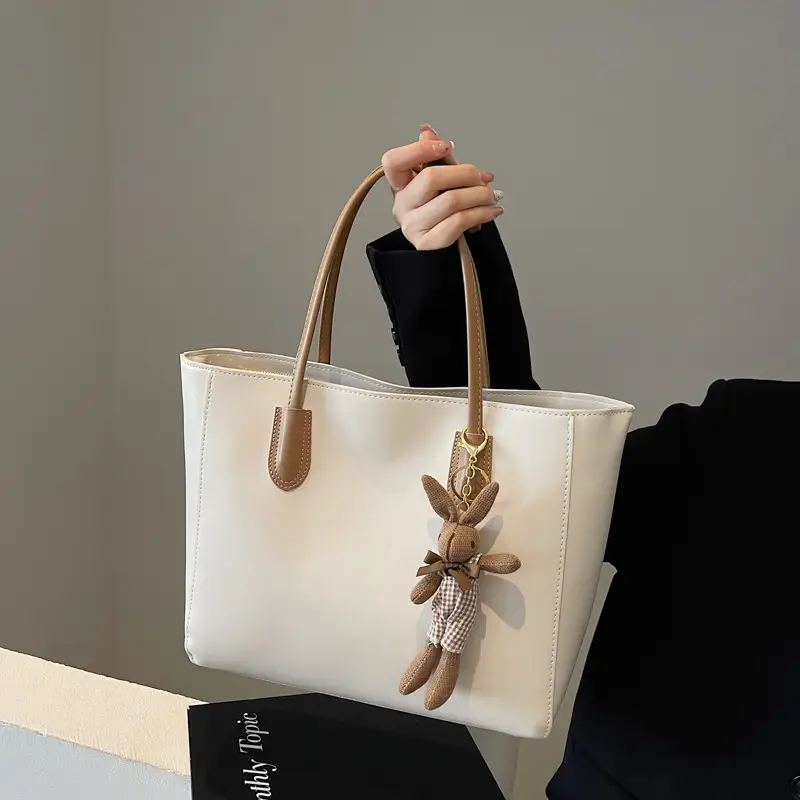 White Leather Tote Bag with Charm for Women - Image 4