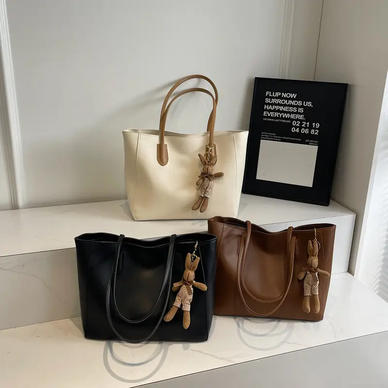 White Leather Tote Bag with Charm for Women - Image 5