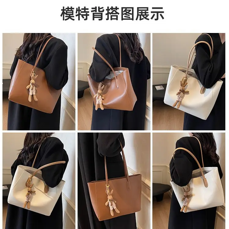 White Leather Tote Bag with Charm for Women - Image 6