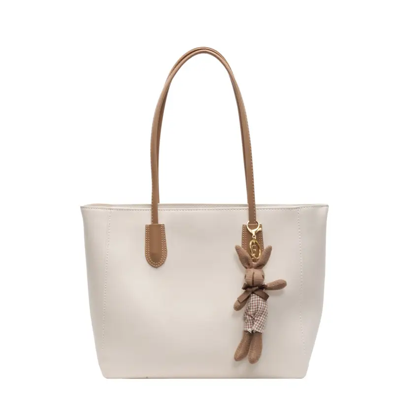 White Leather Tote Bag with Charm for Women - Image 8
