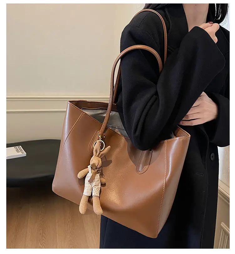 White Leather Tote Bag with Charm for Women — feature 1
