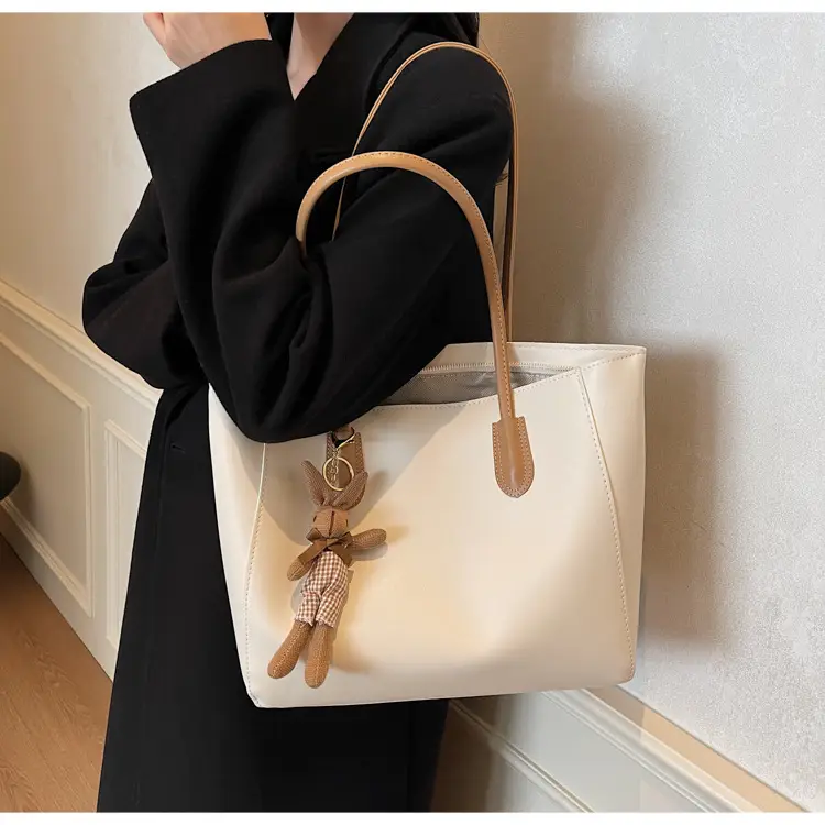 White Leather Tote Bag with Charm for Women — feature 11