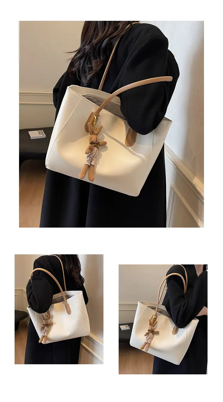 White Leather Tote Bag with Charm for Women — feature 6
