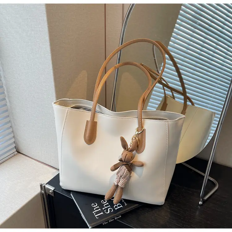 White Leather Tote Bag with Charm for Women — feature 7