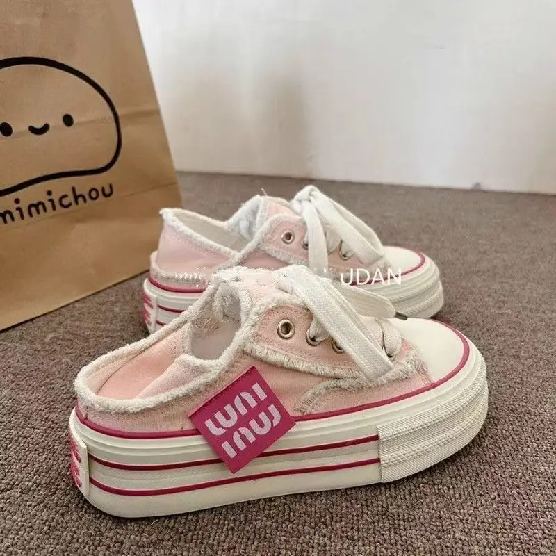Niche Original Beggar Canvas Shoes Women's 2025 Spring New Thick-soled Increased Two-wear Step-on Heel Half-drag White Shoes - Image 6
