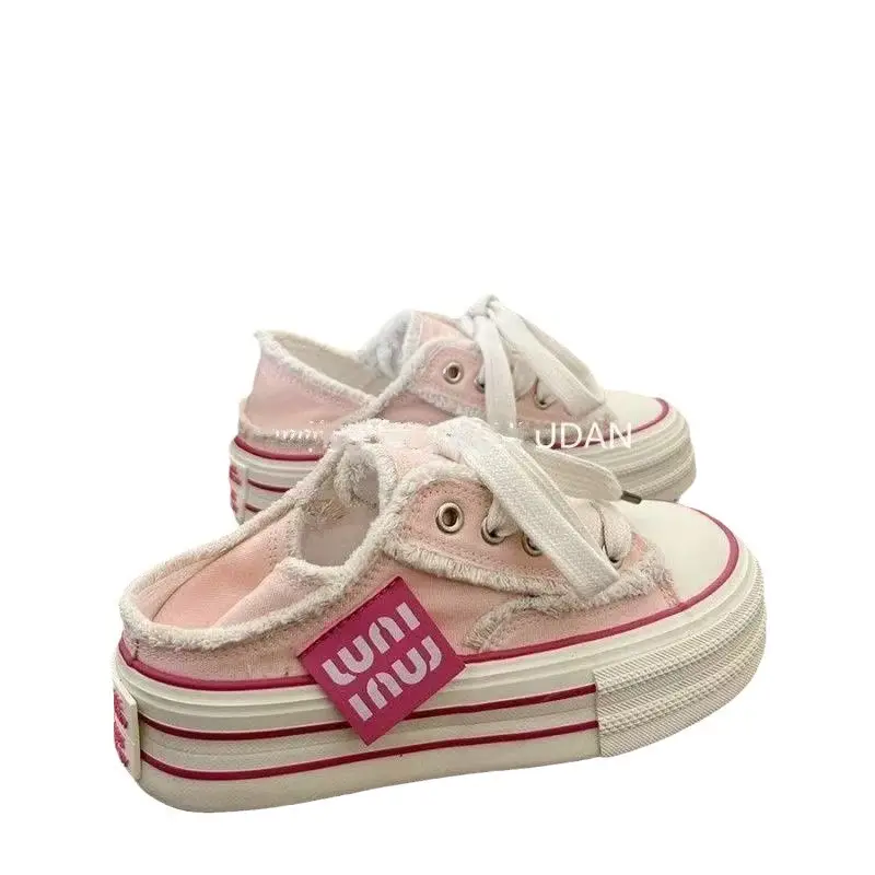 Niche Original Beggar Canvas Shoes Women's 2025 Spring New Thick-soled Increased Two-wear Step-on Heel Half-drag White Shoes - Image 8