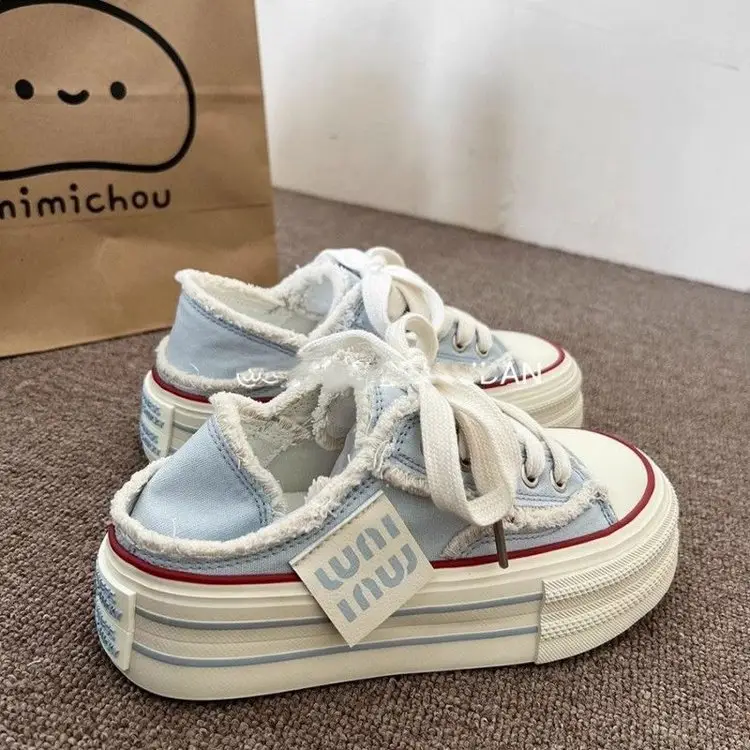 Niche Original Beggar Canvas Shoes Women's 2025 Spring New Thick-soled Increased Two-wear Step-on Heel Half-drag White Shoes - Image 2