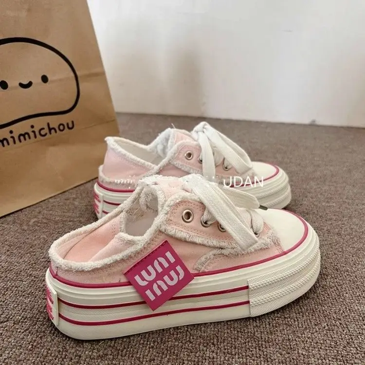 Niche Original Beggar Canvas Shoes Women's 2025 Spring New Thick-soled Increased Two-wear Step-on Heel Half-drag White Shoes - Image 3